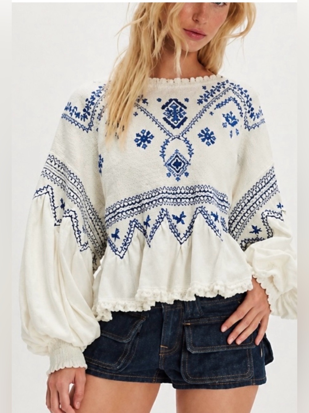Free People Holly Smocked Embroidered Top, size L